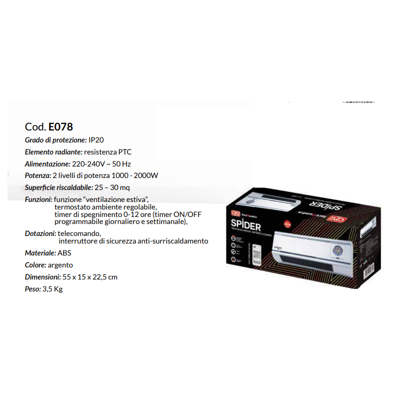 Termoconvettore ventilato a parete con telecomando 2000W CFG SPIDER E078