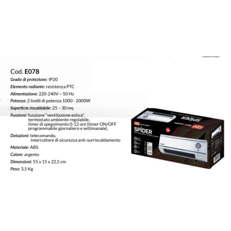 Termoconvettore ventilato a parete con telecomando 2000W CFG SPIDER E078