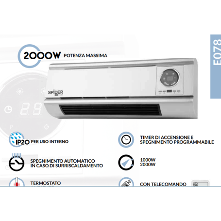 Termoconvettore ventilato a parete con telecomando 2000W CFG SPIDER E078